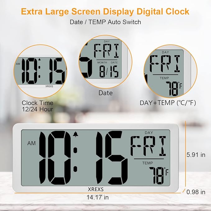 Large Digital Wall Clock, Electronic Alarm Clocks for Bedroom, Count Up & Down Timer, Battery Operated 14.17 Inch Large LCD Screen with Time/Date/Temperature Display