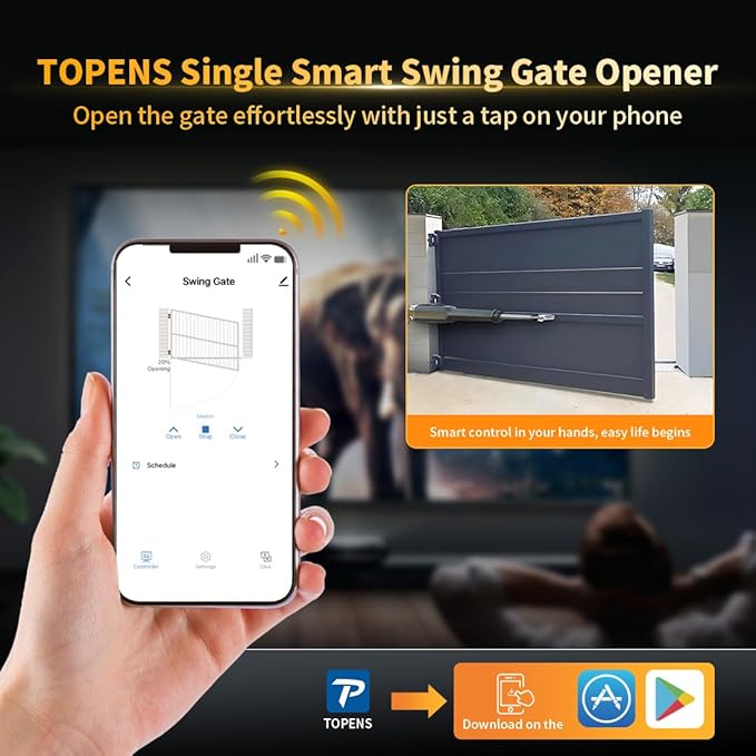 TOPENS XD851 Smart Gate Opener for Heavy Duty Single Swing Gates Up to 18ft, Automatic Gate Opener with App Control AC Powered Remote Control Kit Solar Compatible