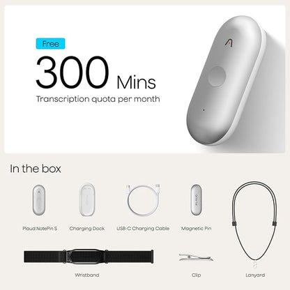 Plaud NotePin S AI Voice Recorder, Wearable AI Notetaker, AI Transcribe & Summarize, Support 112 Languages, 64GB Memory, Audio Recorder for Meetings Interviews with 4 Accessories, Silver