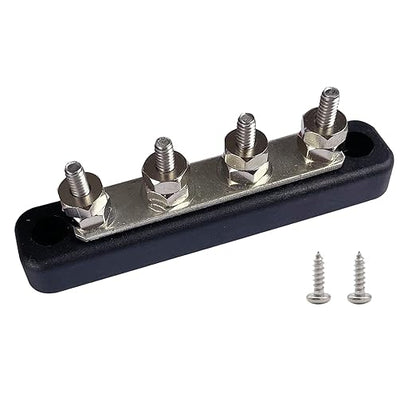 4 x #10 (M5) Studs Bus Bar, Ampper 4.2" Ground Distribution Block Brass Battery BusBar Junction with Cover for Auto Boat Amplifier and More (Black)