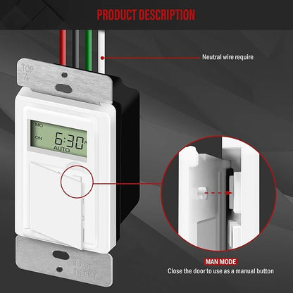 ENERLITES - HET01-C-W Programmable Digital Timer Switch for Lights, Fans, Motors, 7-Day18 ON/OFF Timer Settings, Single Pole, Neutral Wire Required, UL Listed, HET01-C, White