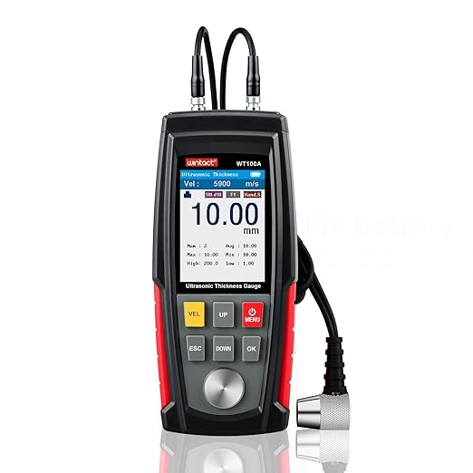 Wintact Digital Ultrasonic Thickness Gauge, Range 0.039 to 11.81 in with Probe for Measuring Metal and Nonmetal Materials, Steel, Cylinder Wall, Plastic, Glass, PVC, Pipes (WT100A)