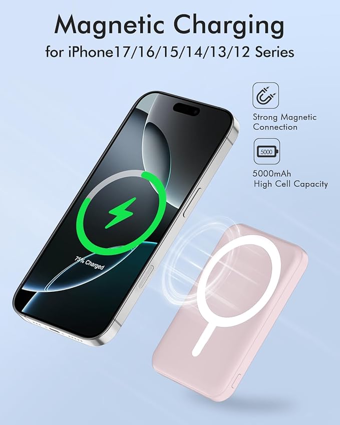podoru for Magsafe Battery Pack, 5000mAh Magnetic PowerBank with Type-C Cable 20W PD Fast Charging Lighting Input Wireless Charger for iPhone 17/16/15/14/13/12/ All Series-Light Pink