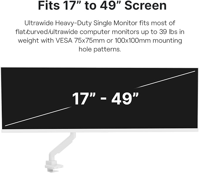Pixio PS2S White Ultrawide Heavy-Duty Premium Single Monitor Arm Stand Desk Mount - Fits up to 49 inches Monitors, Weights up to 39lbs Flat / 31lbs Curved, Compatible with VESA 75x75 100x100mm