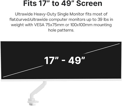Pixio PS2S White Ultrawide Heavy-Duty Premium Single Monitor Arm Stand Desk Mount - Fits up to 49 inches Monitors, Weights up to 39lbs Flat / 31lbs Curved, Compatible with VESA 75x75 100x100mm