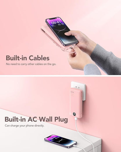 VRURC Portable Charger 20000mAh, Fast Charging Power Bank USB C,4 Output 2 Input Travel Essentials Charging Bank Equipped with LED Display,Built-in Wall Plug and Cables,Phone Charger Battery,Pink