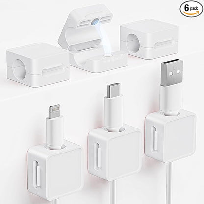 Cord Holder, 6 Pack Magnetic Cable Clips, Adhesive Cord Holder for Nightstand Desk Organizer Car Wall Office Phone Wire Keeper, Clear White