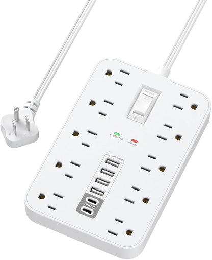 Flat Extension Cord with USB and USBC Ports, 5FT Extension Cord with 10 AC Outlet 6 USB, 1 Switch & 2 LED Indicator, USB Charging Station for Multiple Devices, for Home, Office, Dorm Essentials