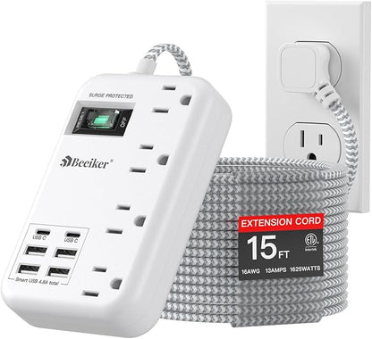 6 USB(2 USB C) Surge Protector Power Strip- 15 Ft Extension Cord with 6 USB Charging Station and 4 Outlets, Flat Plug Long Braided Extension Cord with Multiple Outlets Wall Mount for Home Office Dorm