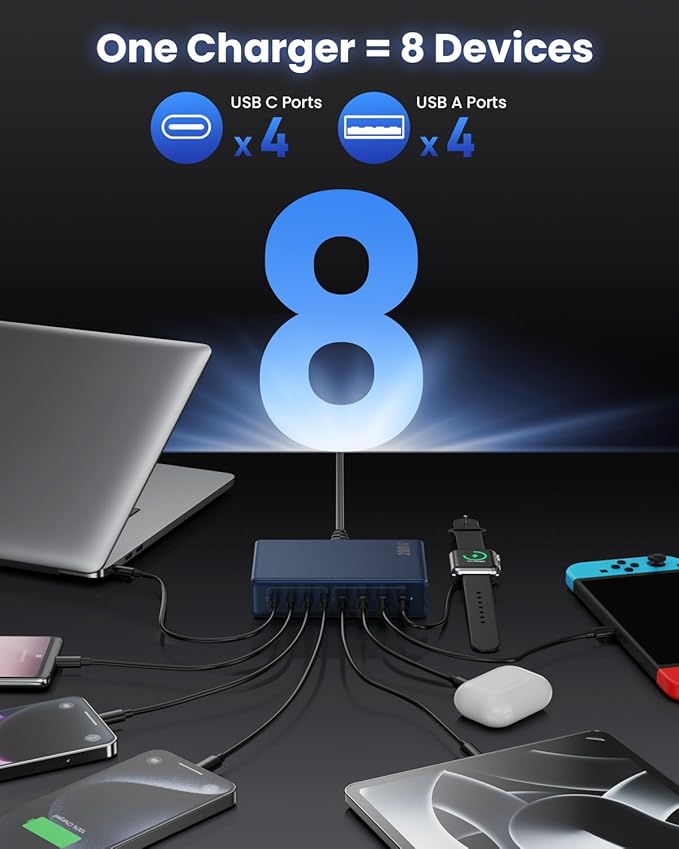 200W USB C Charger Block,GaN IV Charging Station 8 Ports,QC4.0 Fast Charging Station Hub+PD 65W USB C Laptop Charger Adapter Compatible with MacBook Air/Pro,DELL,iPhone 17/16,iPad,Steam Deck-Deep Blue