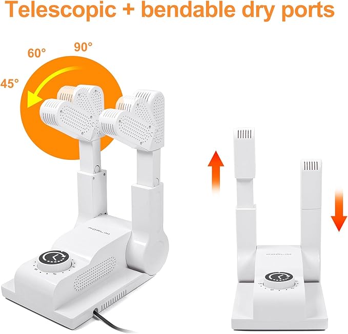 FORLIM Boot Dryer for Work Boots, Shoe Dryer with Heat Blower, Glove Dryer & Boot Warmer - 180° Adjustable Dry Rack - Telescopic Bendable Dry Ports - Intelligent Timer - White