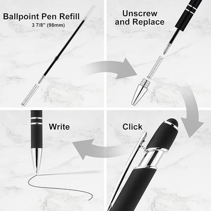 LINFANC 12 Pack Black Silver Ballpoint Pen with Stylus Tip, 1.0 mm Black Ink Smooth Writing Pens, Metal Stylus Pens for Touch Screens