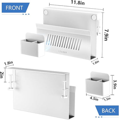 Litwaro Desk Side Storage, No Drill Laptop Holder with Magnetic Pen Holder, Under Desk Laptop Mount with Sticky Headphone Holder, Hanging Desks Organizer Fits Flat Edges 0.4" to 2" (White)