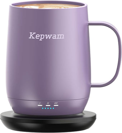 Kepwam Self Heating Coffee Mug T2, 16oz Smart Heated Coffee Mug, 150 Min Battery Life - Hot up to 149℉ Temperature Control Coffee Mug Warmer, Gifts for Dad Mom (No APP)