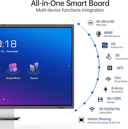 75 Inch 4K Smart Board - Google EDLA-Certified Interactive Whiteboard, 50-Point Touch, Wireless Casting - Digital Whiteboard for Classroom & Office & Home,300+ Free Apps (Board & Wall Mount Only)