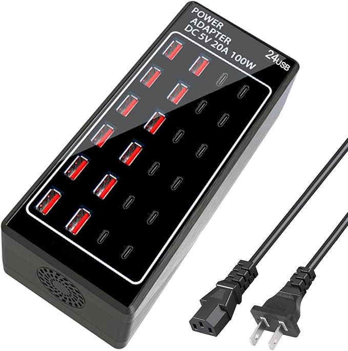 USB Charger Station, C Charging Block, 100W (20A) 24 Port Multiple USBCharger Desktop Wall Charger Hub 12 USB A 12 USB C Compatible for Apple iPhone, iPad, Samsung Galaxy, Laptop, Pixel, Phones