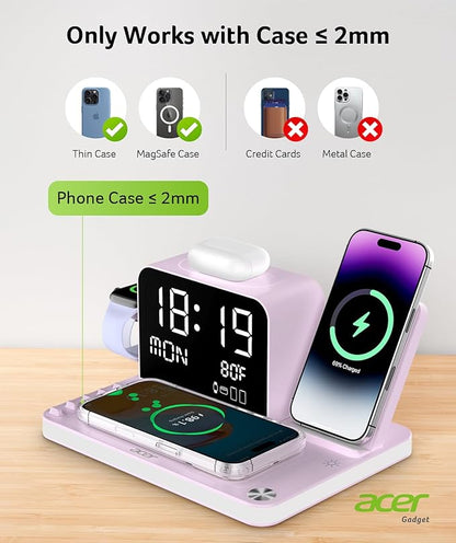 Acer 7-in-1 Wireless Charging Station with LED Clock - 30W Fast Wireless Charger for iPhone 16/15/14/13/12/Pro Max, Apple Watch, AirPods - Bluetooth Auto Time Sync & Night Lights (Purple)