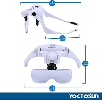 YOCTOSUN Magnifying Glasses with Light, Head Mount Magnifier with 5 Lenses, Headband, Storage Case, Hands Free LED Lighted Head Magnifying Visor for Close Work Hobby Crafts