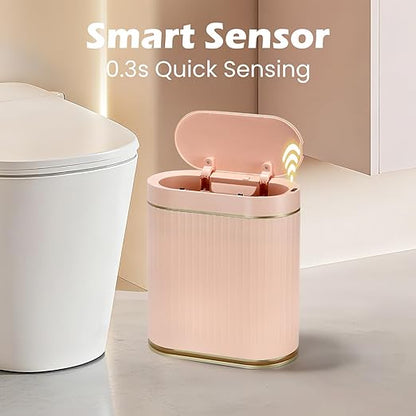 Bathroom Sensor Trash Can with Lid Automatic 2 Gallon Motion Sensor Garbage Bin, 7.5 Liter Slim Waterproof Plastic Wastebasket, Bathroom Decor for Bedroom, Office, Living Room, Pink