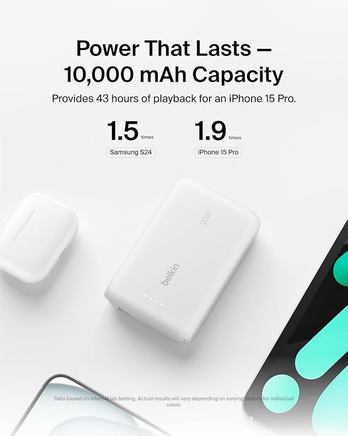Belkin Portable Charger, Power Bank with Integrated Cable 10000 mAh 20W - Fast Charge USB C Power Delivery - iPhone 17, Air, Pro, Pro Max, iPad, AirPods, Apple Watch, Galaxy S25, & More - White