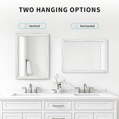 White Wood Effect Framed Wall Mirror, 24x32 Rectangle Mirror, Anti-desilvering Tempered Glass, Sustainable& Sturdy Frame, Anti-Rust, HD Reflection &3min Fast Setup for Bathroom Living Room