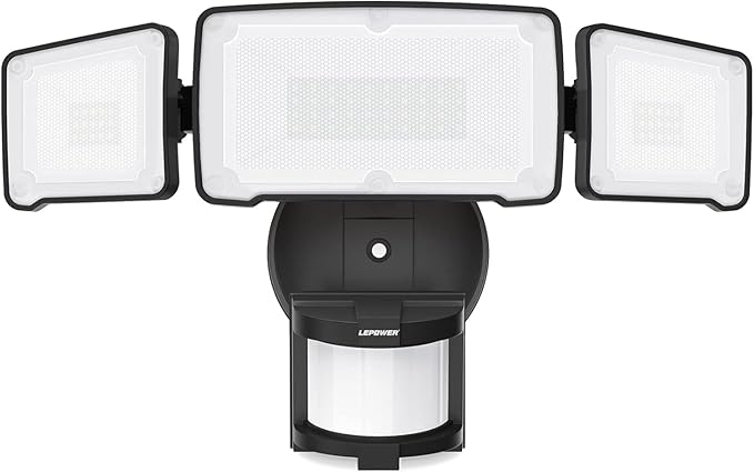 LEPOWER LED Motion Sensor Security Lights, 3 Head Motion Detected, 38W, 4200LM, Waterproof IP65, 5500K, Full Metal for Outdoor, Garage, Porch, Yard (Black)