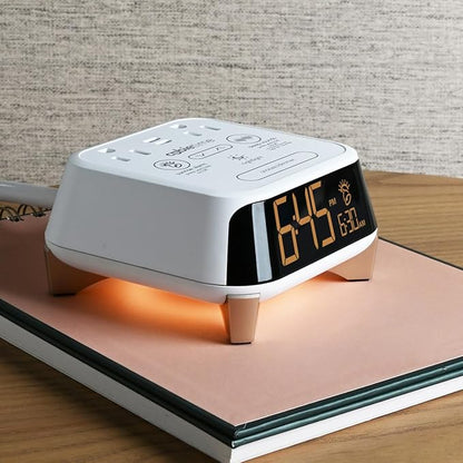 Brandstand CubieTime Zen White | Alarm Clock Charger with White Noise and Sunrise Alarm | 2 USB-C Ports | 2 Tamper Resistant Outlets |Night Light