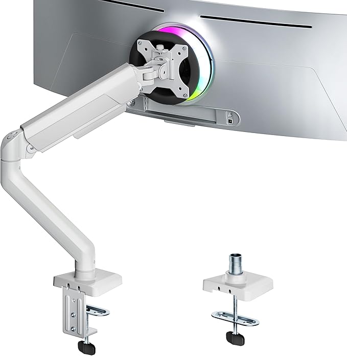 ARES WING Heavy Duty Single Monitor Arm - Fully Adjustable Monitor Mount for 17"-40" Ultrawide Screens Up to 26.4 lbs with Clamp/Grommet Desk Mount, 75/100 Vesa Mount, White
