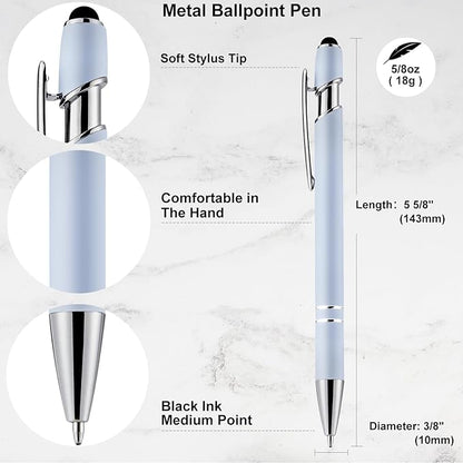 LINFANC 12 Pack Morandi Ballpoint Pen with Stylus Tip, 1.0 mm Black Ink Smooth Writing Pens, Metal Stylus Pens for Touch Screens