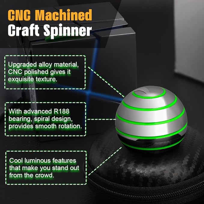 Kinetic Spinning Desk Toy Glow in The Dark for Kids Adults, Metal Full Body Optical Illusion Fidget Spinner Ball, Luminous Fingertip Gyro for Office Stress Relief, Birthday Gifts for Boys