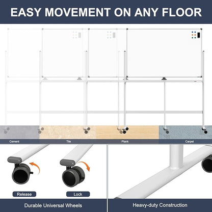 Dry Erase Whiteboard Easel on Wheels - TANKEE 48" x 32" Large Double Sided Mobile Whiteboard, Reversible Magnetic Rolling White Board for Home Office Classroom, Flip Chart Holders and Paper Pad