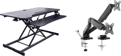 Rocelco 43" Height Adjustable Standing Desk Converter with Premium Dual Monitor Arm Mount - Tall Stand Up Tabletop Riser and Tablet Slot - Computer Workstation - Keyboard Tray - Black (R VADRB-43-MA2)