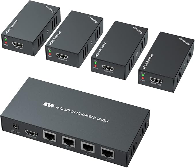 HDMI Extender Splitter 1x4 1080P@60Hz Over Cat 5E/6/7 Ethernet Cable 50m (165ft) Support EDID Copy POC Function (1 in 4 Out)