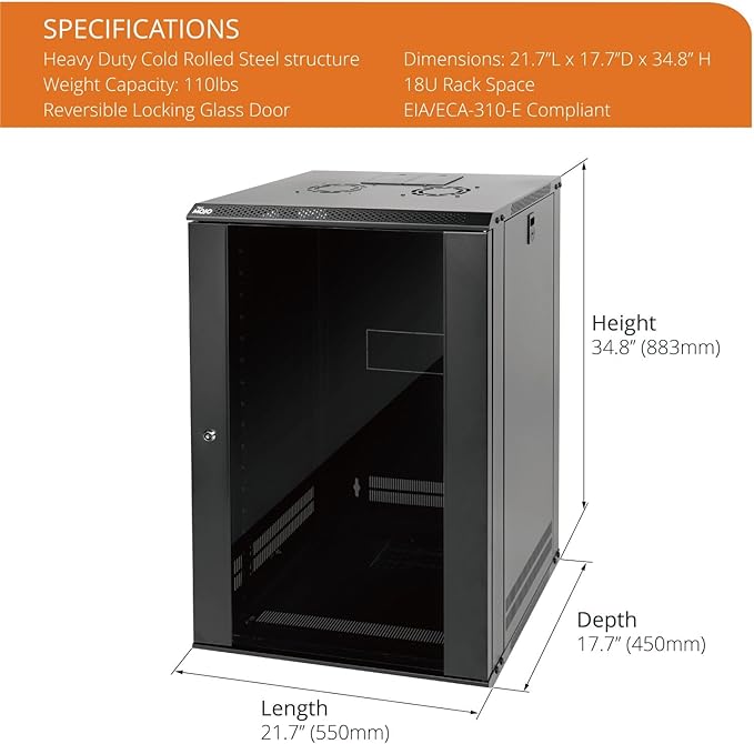 Tecmojo 18U Wall Mount Rack Network Cabinet for 19" IT Equipment,with Lockable Glass Door and Side Panels,Cooling Fan,Black,17.7inch Depth for AV/Computer/Electronics Equipment Data Rack