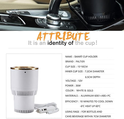 Car Cup Holder with Drink Cooler Smart Mug Warmer 2-in-1 Car Tumbler Holder (White with Gold)