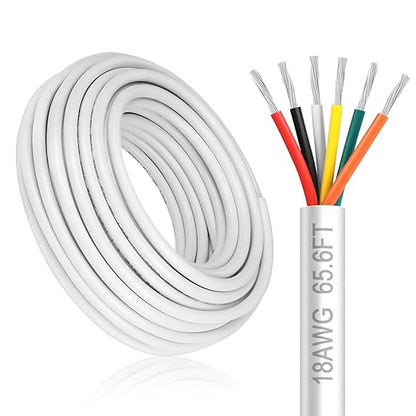 18 Gauge 6 Conductor Electrical Wire, 65.6FT White Stranded Low Voltage 18/6 PVC Case, 18 AWG Tinned Copper 6 Wire Extension Power for Strips LED Lamp Lighting