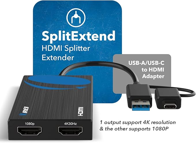 OREI SplitExtend HDMI Splitter Extended Display for Dual Monitor - Multi-Monitor Display 3 Separate Screens - USB A & USB-C Adapter to HDMI 2.0, 4K@30Hz Output 1, 1080p Output 2 for Windows, Mac OS G