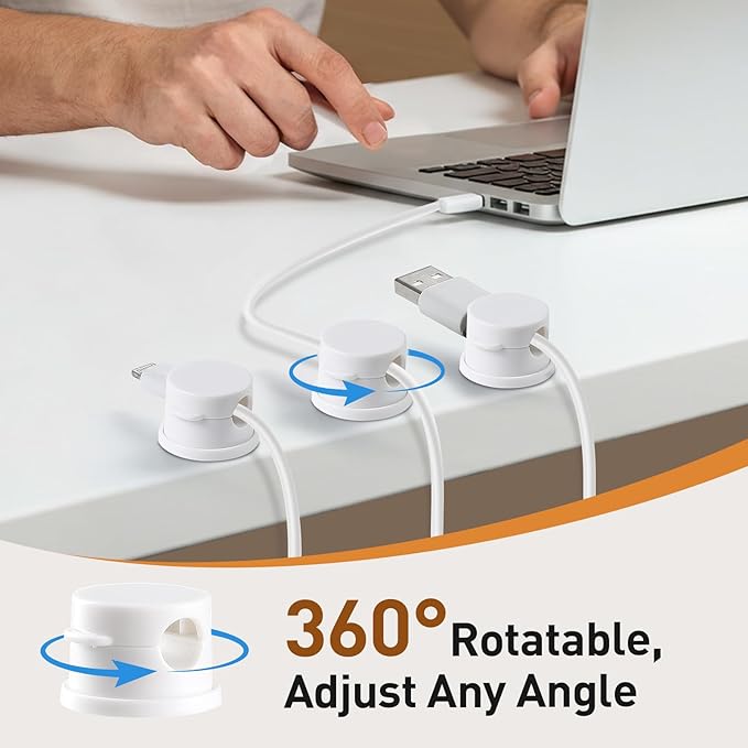 AGPTEK 8 Pack Magnetic Cable Clips, Upgraded 360° Rotatable Cord Holder Clips for Nightstand, Desk Cord Organizer Adhesive Wire Management Home Office Phone Charging Cords USB Cable Keeper (White)