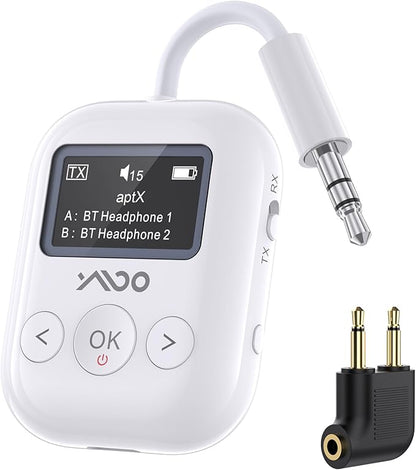 YMOO Bluetooth 5.4 Transmitter Receiver for Airplane, Wireless Bluetooth Adapter Travel Essentials, Supports to 2 Headphones, 25H Playtime, 2-in-1 Adapter with LED Display for TVs Gym Home,White