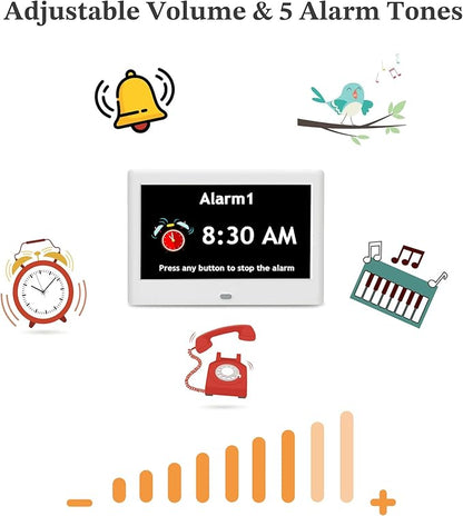 7'' Dementia Clock For Seniors, Large Display Digital Clock With Date, Time, Day Of Week for Elderly, Alzheimer, 1024*600P HD, 10 Reminders & 8 Alarms, Auto Dimming & DST, Remote Control, White