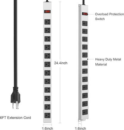 JUNNUJ Metal 12 Outlet Power Strip, Mountable Heavy Duty Power Strip, 1200J Surge Protector Wall Mount Screws Outlet with Switch, Gaming Desk Strips Wide Spaced 15A 125V 1875W, 6 FT 14AWG Power Cord