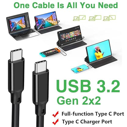 240W USB 3.2 Gen 2X2 Display Monitor Link Data Transfer Video Cable for Lepow Z1 15.6 In, InnoView, ASUS ZenScreen, KYY, Cocopar, Arzopa, AOC, ViewSonic Portable Monitor HDR Outputt Charger Power Cord