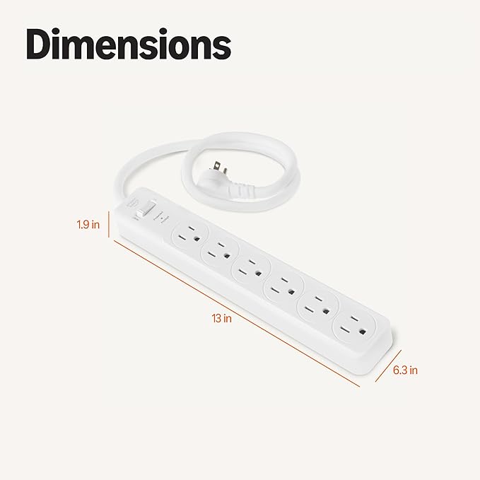 Amazon Basics Rectangle 6-Outlet, 600 Joule Surge Protector Power Strip, 2ft, Small, White, 2-Pack