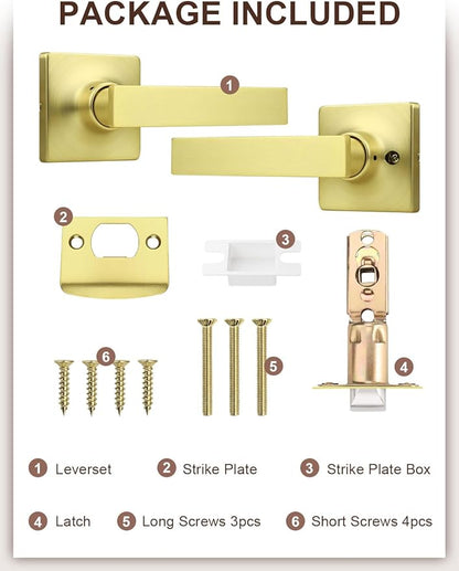 Mengico 4 Pack Passage Door Levers Gold Finish, No-Locking Keyless Square Door Knob, Interior Door Handles for Closet and Hallway, Reversible for Left & Right Handed