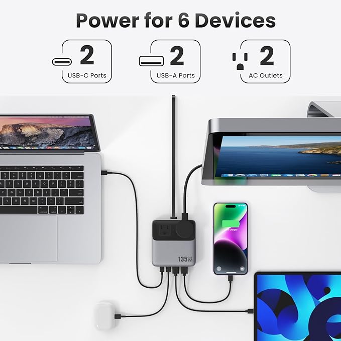 USB C Charger Block,135W GaN Fast Charging Station Hub,6-in-1 USB C Power Strip with 5ft Cord,2 AC & 2 USB A & C,PD 65W Laptop Charger for MacBook Air/Pro,iPhone16/15,Galaxy S24 etc
