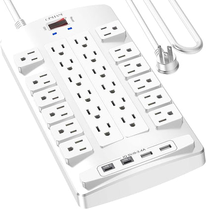 QINLIANF Surge Protector Power Strip - 10Ft Flat Plug Heavy Duty Extension Cord with 24 Outlets and 4 USB Ports(2 USB-C Ports), 1875W/15A, 4100J, for Home, Office, Dorm, ETL Listed, White