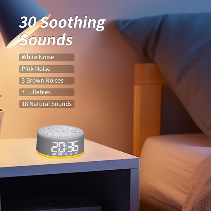 Sound Machine Alarm Clock Brown Noise White Noise Machine Night Light with Dual Alarms Backup Battery 30 Sleeping Sounds for Baby Kids Adults 32 Level Volume 5 Timers 15 Wake Up Sounds Memory Function