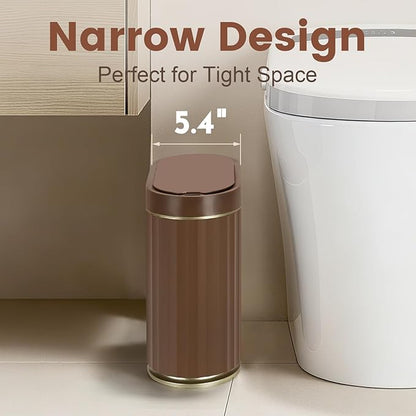 ELPHECO Bathroom Motion Sensor Trash can 2 Gallon Automatic Garbage Can, Slim Plastic Smart Trash Can with Lid, Commercial Intelligent Trash Bin for Bedroom, Bathroom, Office, Brown