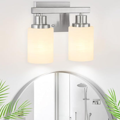 DIKAIDA Bathroom Light Fixtures Over Mirror, 2-Light Modern Nickel Vanity Lights with White Glass Shade, Bathroom Wall Lamp Sconces for Mirror Bedroom, Living Room Hallway Small Space