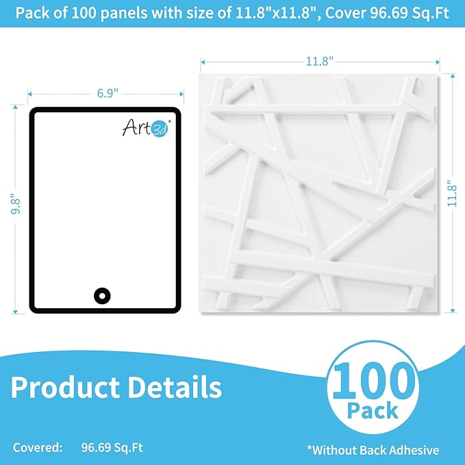 Art3d 100 Pack Decorative 3D Wall Panels, 97 Sq.Feet PVC Interior Wall Décor, 11.8"x11.8", White